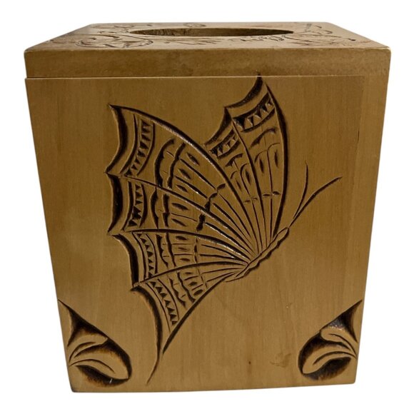 Vtg Hand-Carved Wooden Tissue Box Cover – Butterfly & Floral Design - Picture 2 of 4
